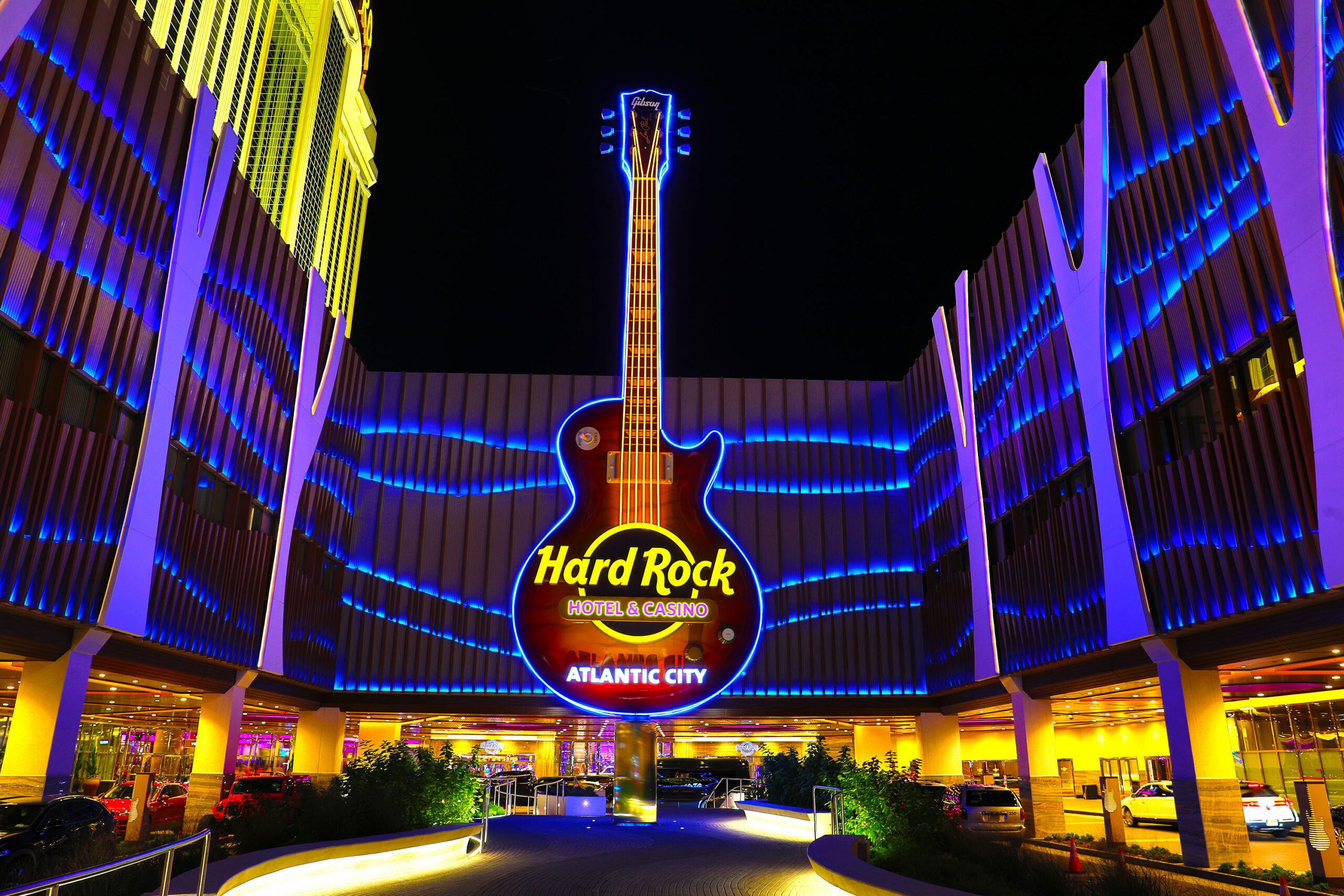 exterior of Hard Rock Atlantic City's illuminated guitar 