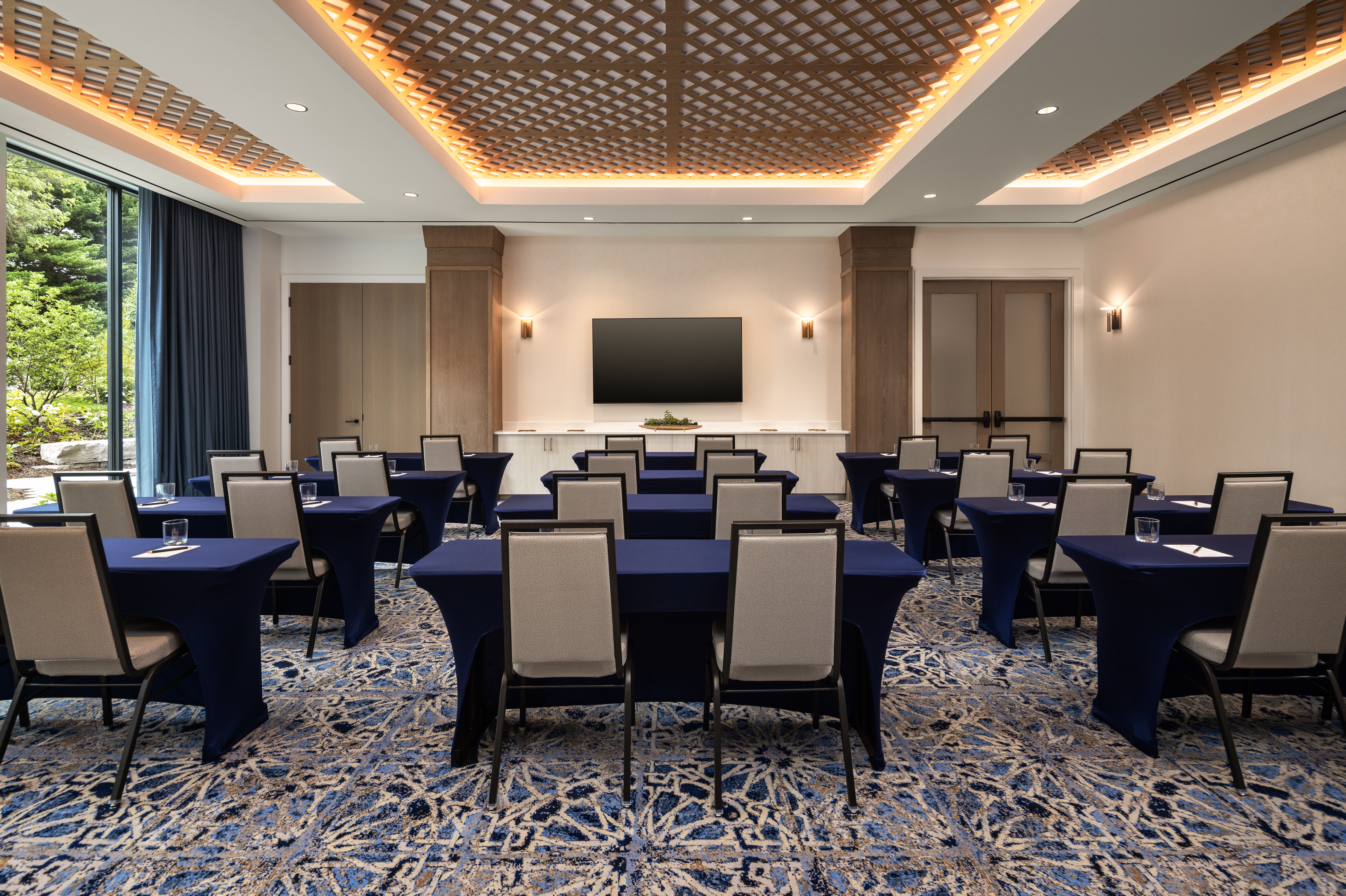corporate meeting room with many tables 